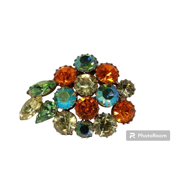 Vintage Karu Arke Brooch Green/Amber AB Aurora Borealis Rhinestone Prong Set Pin - Picture 3 of 8